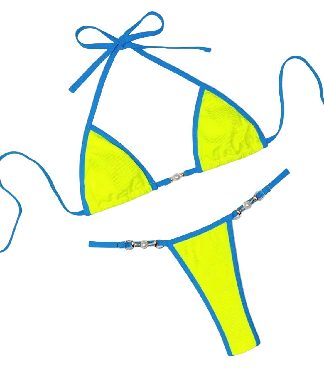 A Bright Yellow Bikini Set for Women, Featuring Pearl Additions