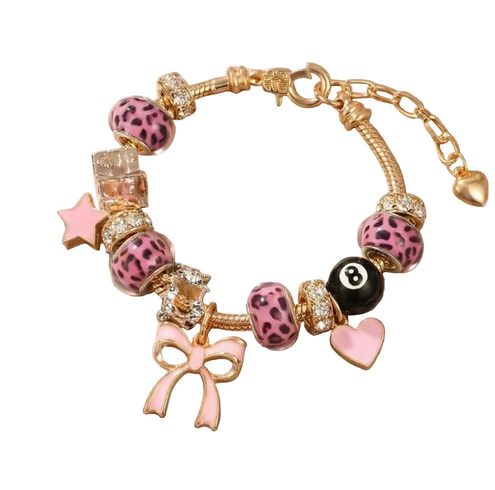 Pink Leopard Print 8 Ball Charm Bracelet with Bow & Star Charms - Adjustable snake chain